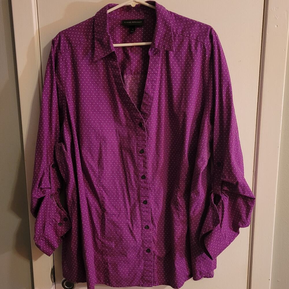 Lane Bryant Purple Polka Dot Button Down Blouse Womens 26W Cotton Stretch Casual